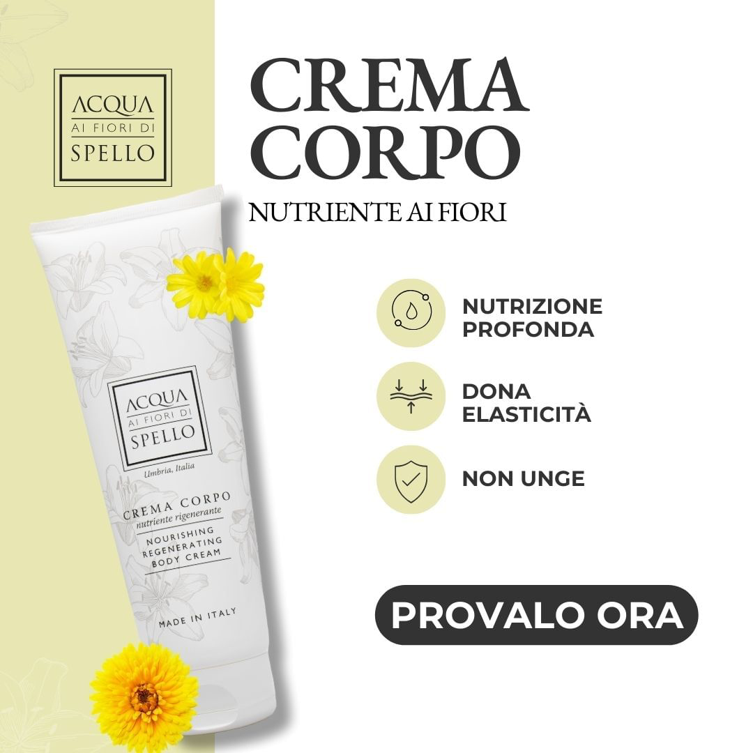 CORPO
Crema Corpo Nutriente 200ml
Dona elasticità e nutrizione profonda con la nostra crema corpo dal profumo di prati fioriti.