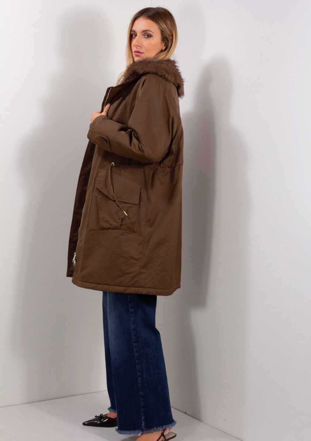 GIACCA PARKA LUNGA ECOPELLICCIA