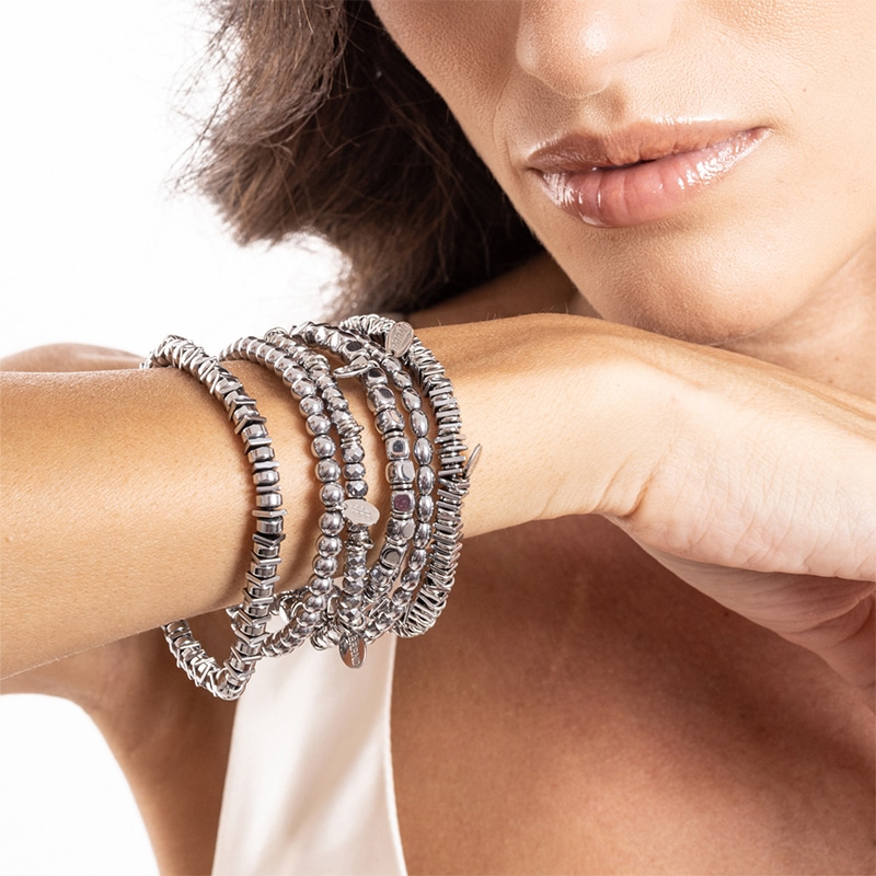 BRACCIALE ELASTICO EMATITE QUADRATI E SFERE