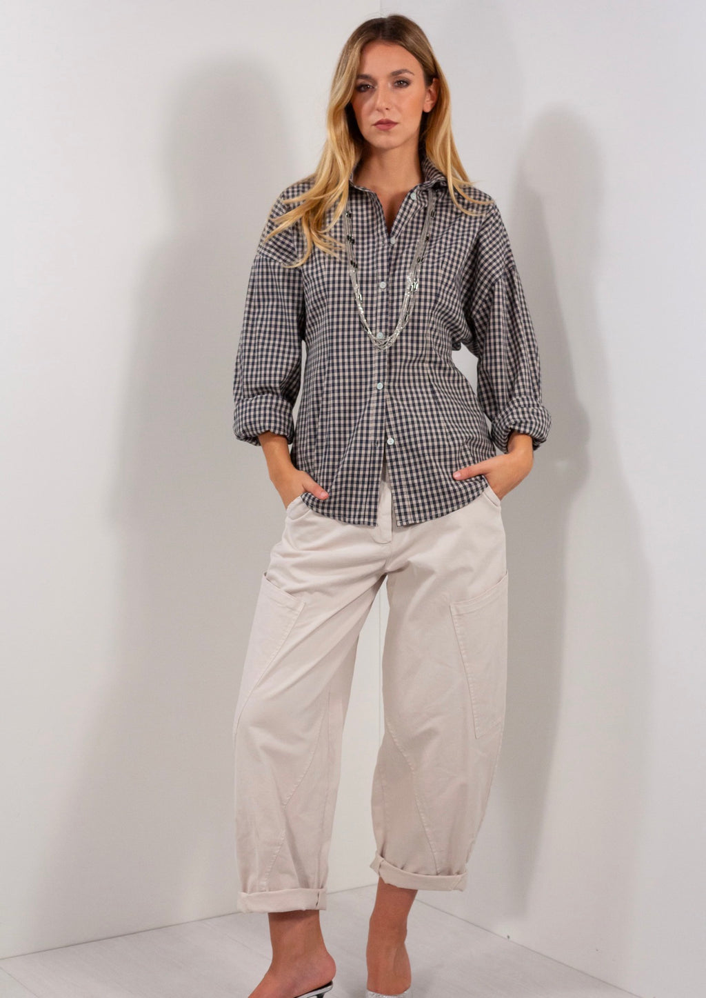 Camicia elastico dietro quadretti