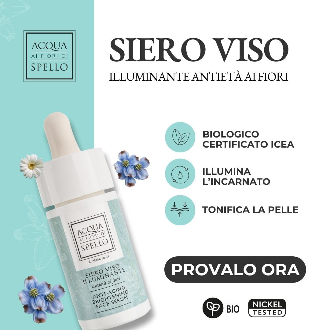 Siero Viso Illuminante Antietà ai Fiori 30ml
Adatta a tutti i tipi di pelle e può essere inclusa nella tua routine sia al mattino che alla sera, regalandoti una sensazione di freschezza e benessere ad ogni applicazione.