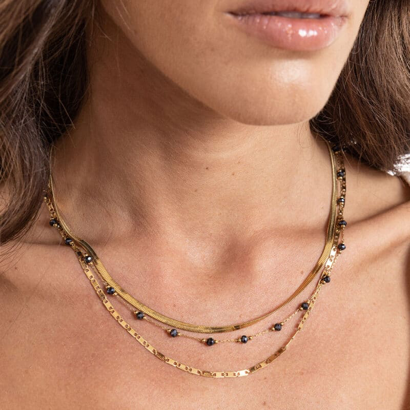 COLLANA DORATA TRIPLO FILO CON CRISTALLI NERI